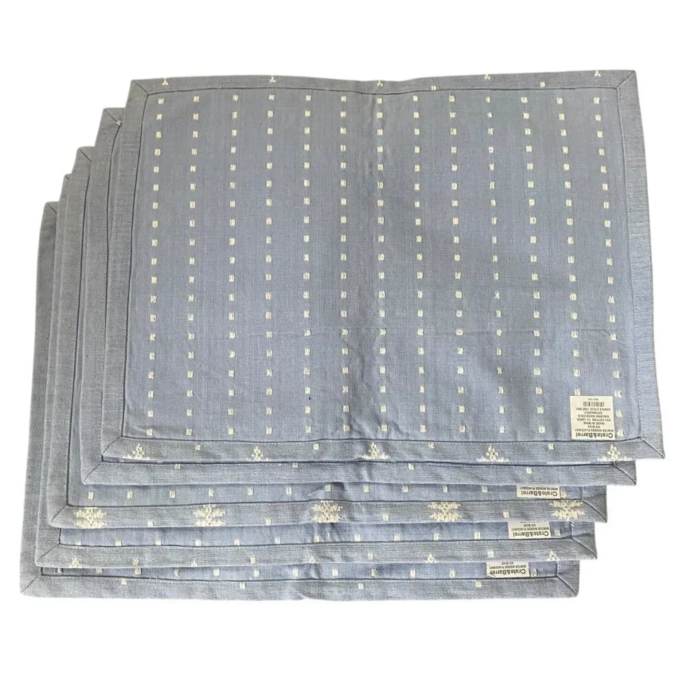 Crate &‎ Barrel Winter Woods Napkins Placemats 11pcs Ice Blue Cotton Embroidered